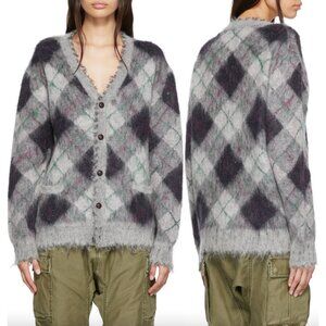 $680 NWT R13 Gray Plaid Argyle Fluffy Oversized Distressed Cardigan Sweater L